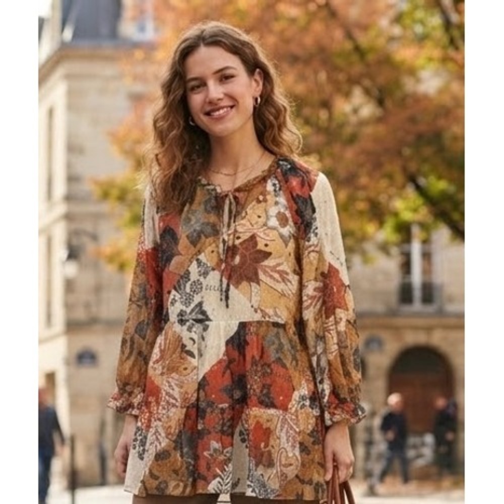 Johnny Was Jade Patchwork Floral Silk Blend Tunic Top Metallic Gold XS